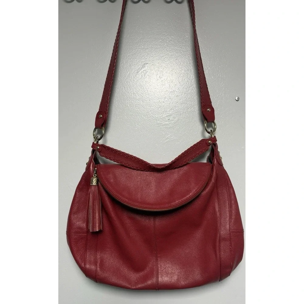 ONNA EHRLICH RACHEL Red Pebbled Leather Large Hobo Bag Purse Tassle Designer Zip